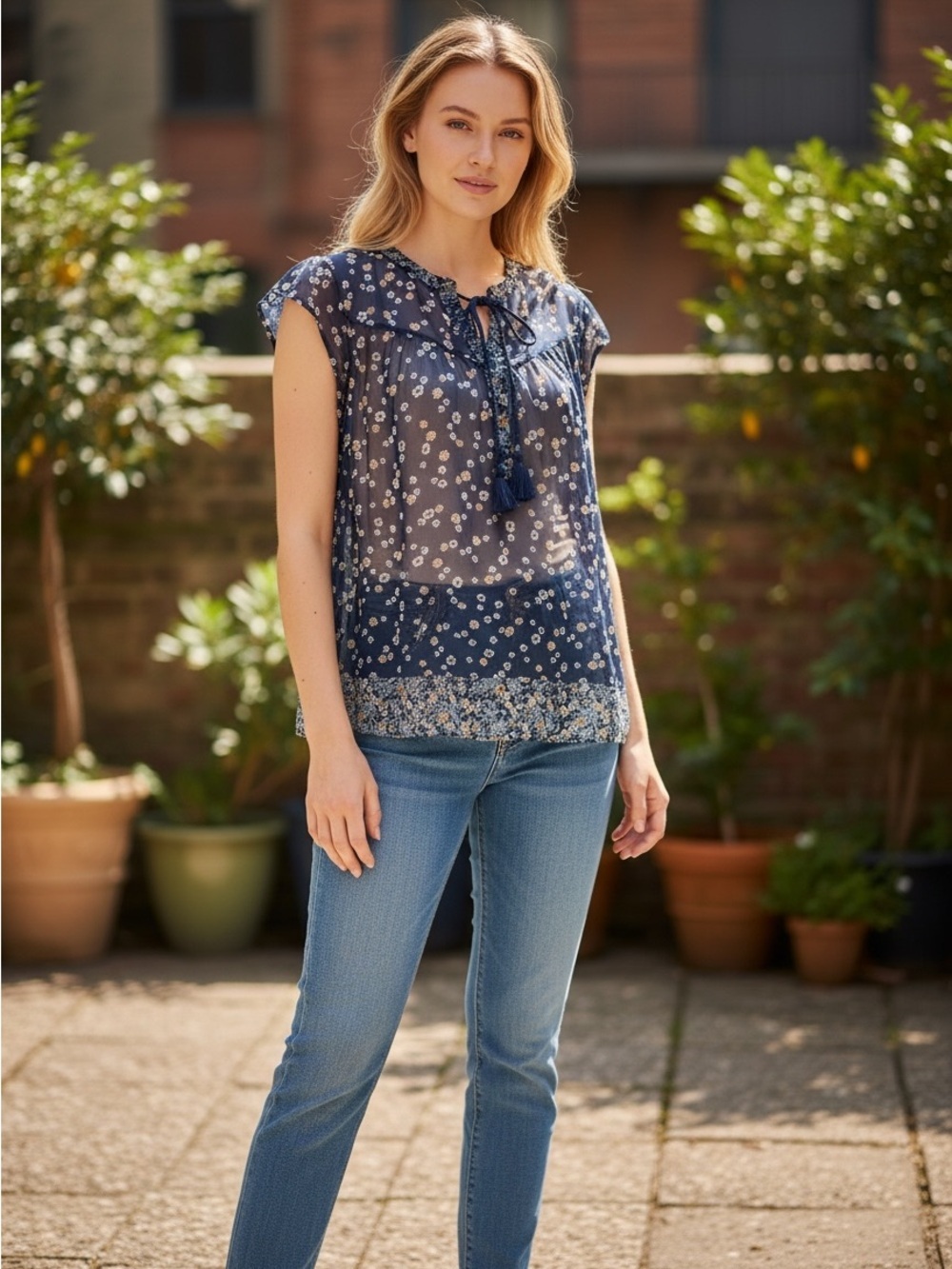 DR2 Navy Floral Tie-Front Cap Sleeve Blouse